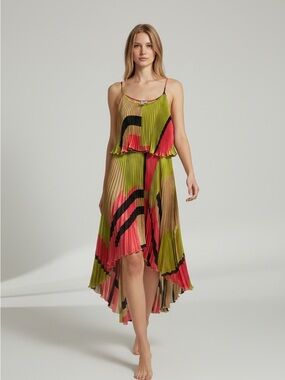 Cache Pleated Hi‑Low Spaghetti Strap Dress in Lime Green, Coral and Black